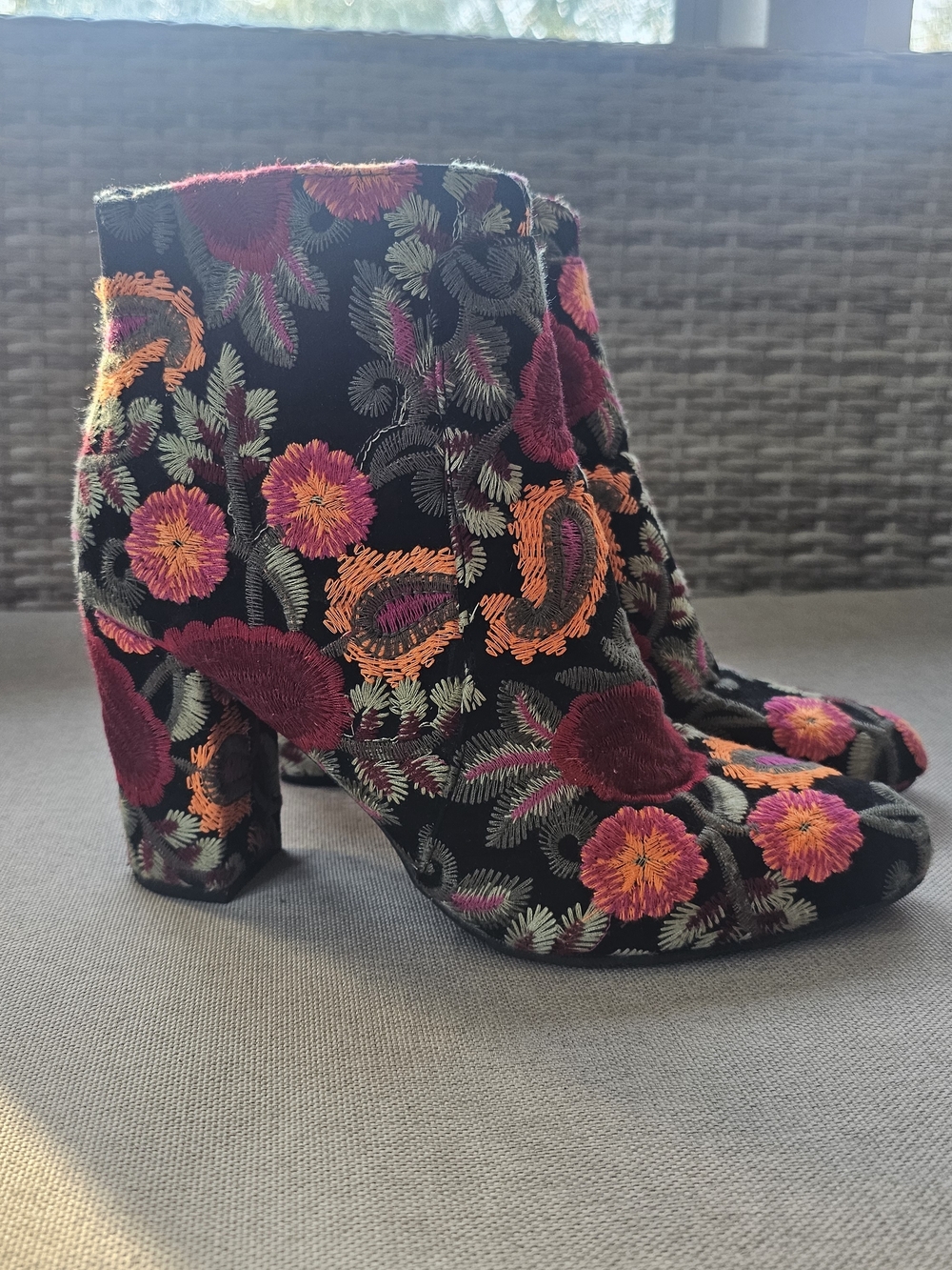 MIA Black Velvet Ankle Boots with Pink & Orange Floral Embroidery